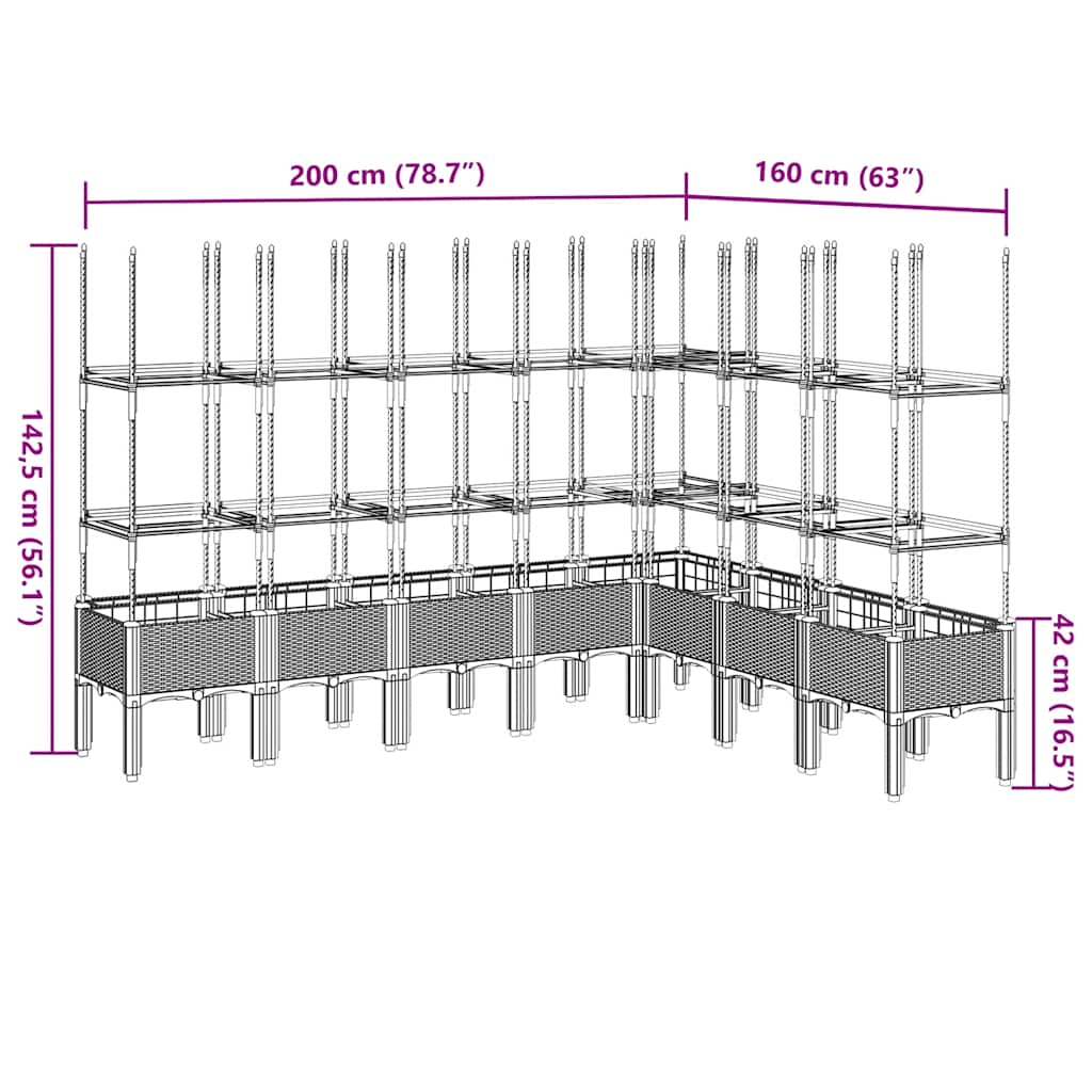 Vaso/floreira jardim c/ treliça 200x160x142,5 cm PP cinza-claro