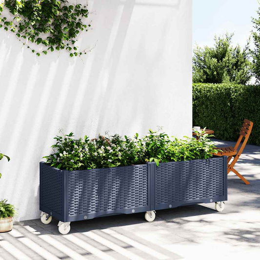 Vaso/floreira de jardim com rodas 160x50x54 cm PP cinzento azul
