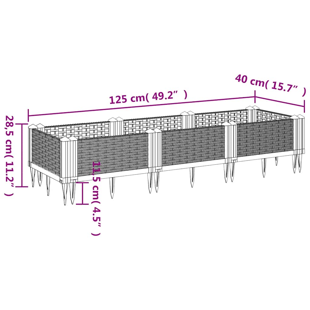 Vaso/floreira de jardim c/ estacas 125x40x28,5 cm PP cinzento azul
