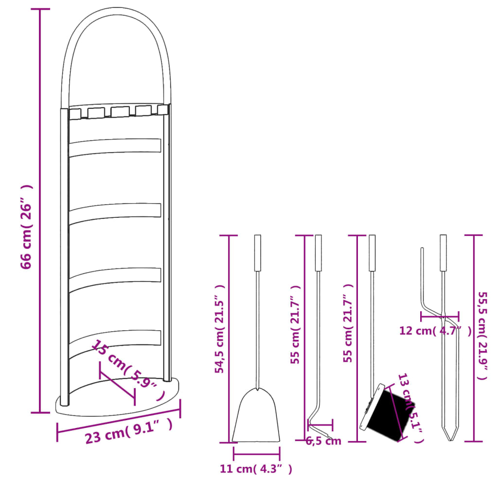 Conjunto de ferramentas para lareira de 5 peças 23x15x66 cm Aço