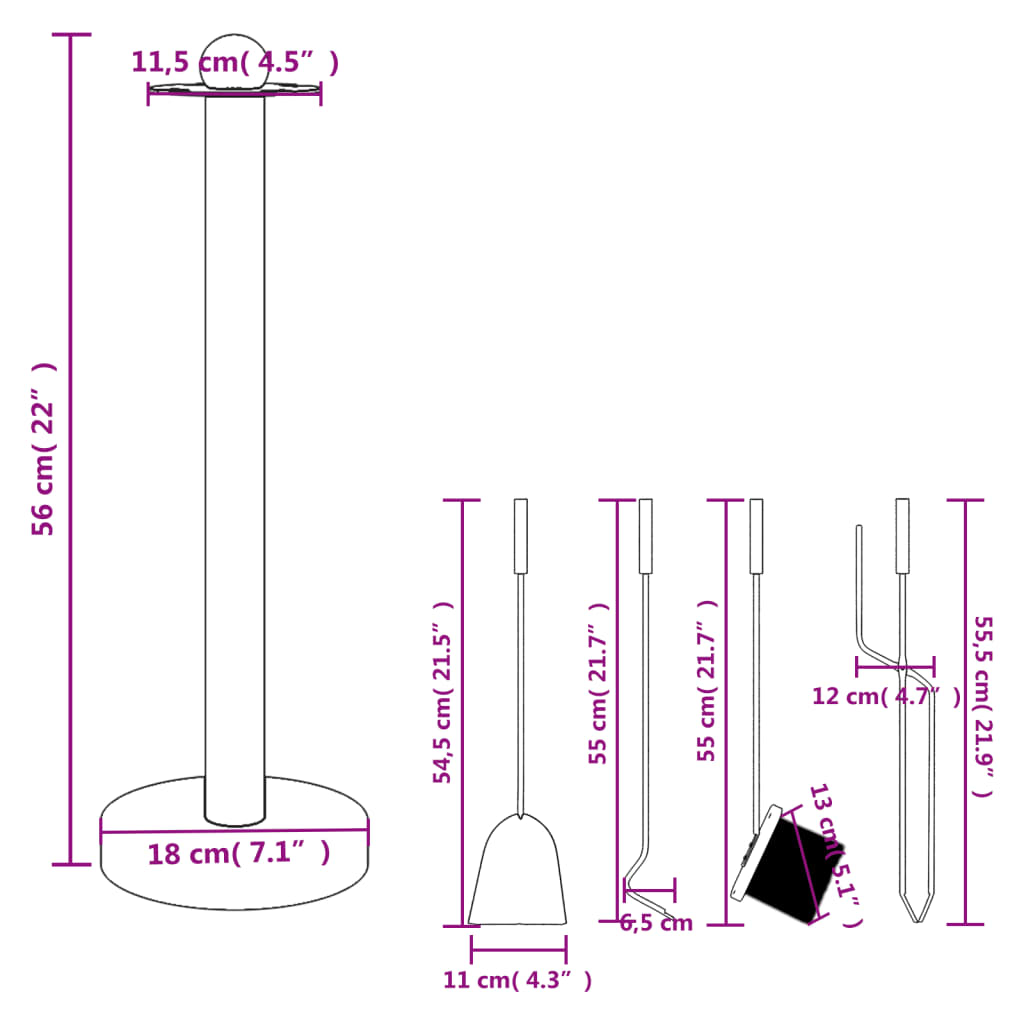 Conjunto de ferramentas para lareira de 5 peças 18x56 cm aço
