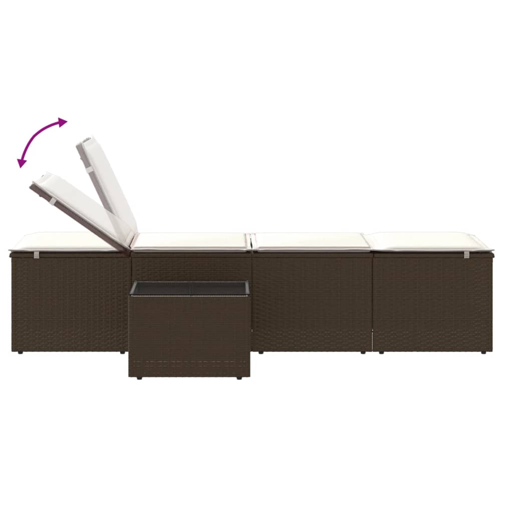 Espreguiçadeiras modulares com mesa 2 pcs vime PE castanho