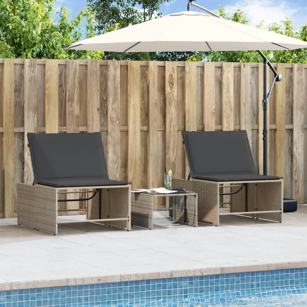 Espreguiçadeiras modulares com mesa 2 pcs vime PE cinzento