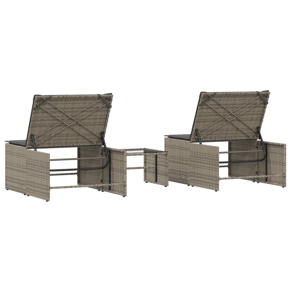 Espreguiçadeiras modulares com mesa 2 pcs vime PE cinzento
