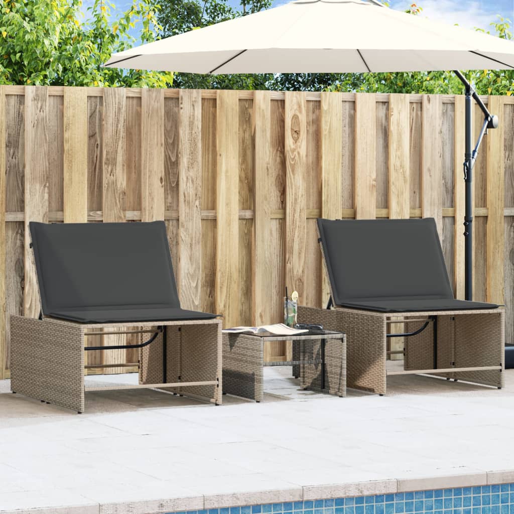 Espreguiçadeiras modulares com mesa 2 pcs vime PE cinzento