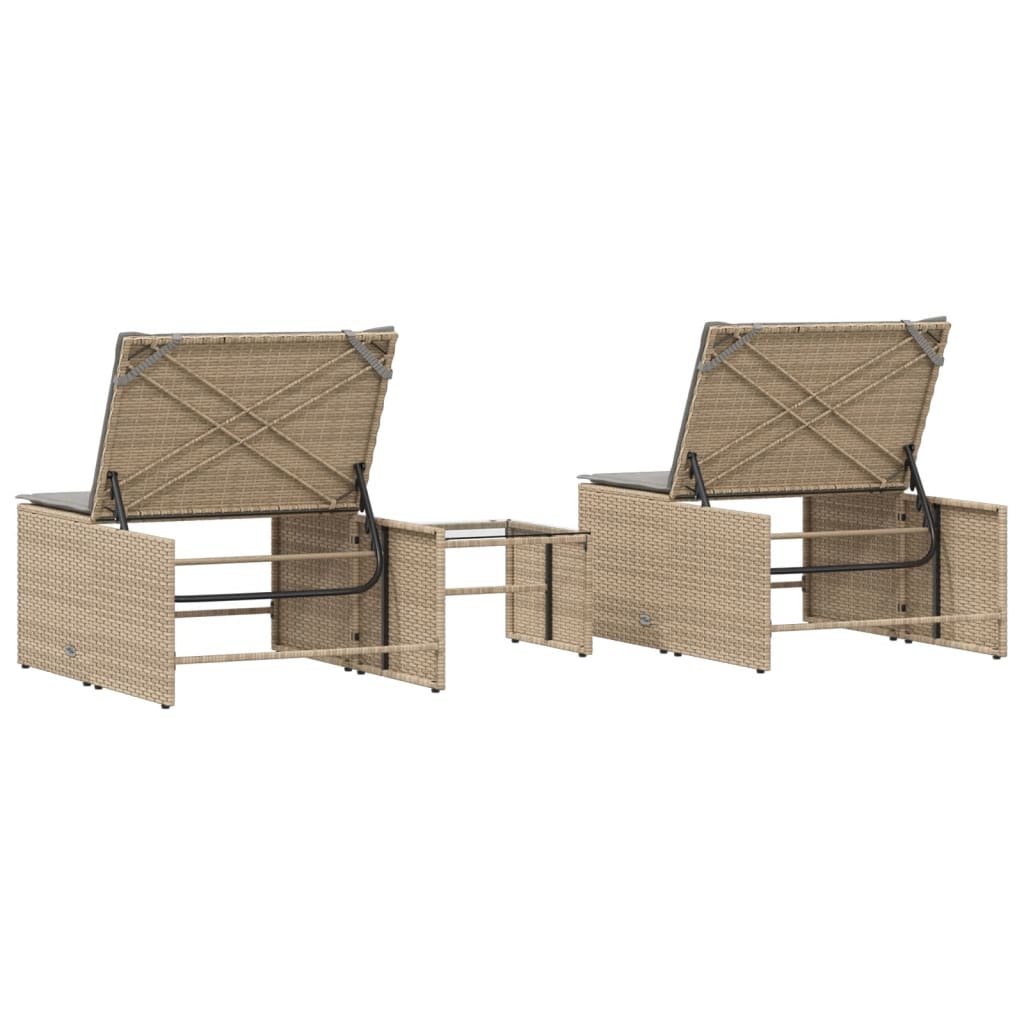 Espreguiçadeiras modulares com mesa 2 pcs vime PE bege