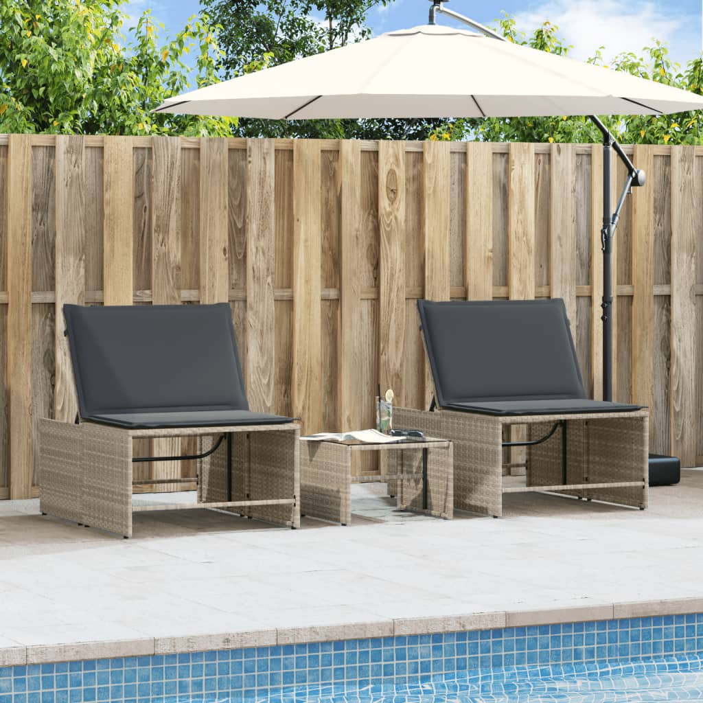 Espreguiçadeiras modulares com mesa 2 pcs vime PE cinzento-claro