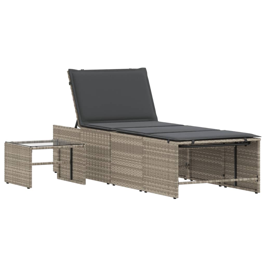 Espreguiçadeiras modulares com mesa 2 pcs vime PE cinzento-claro
