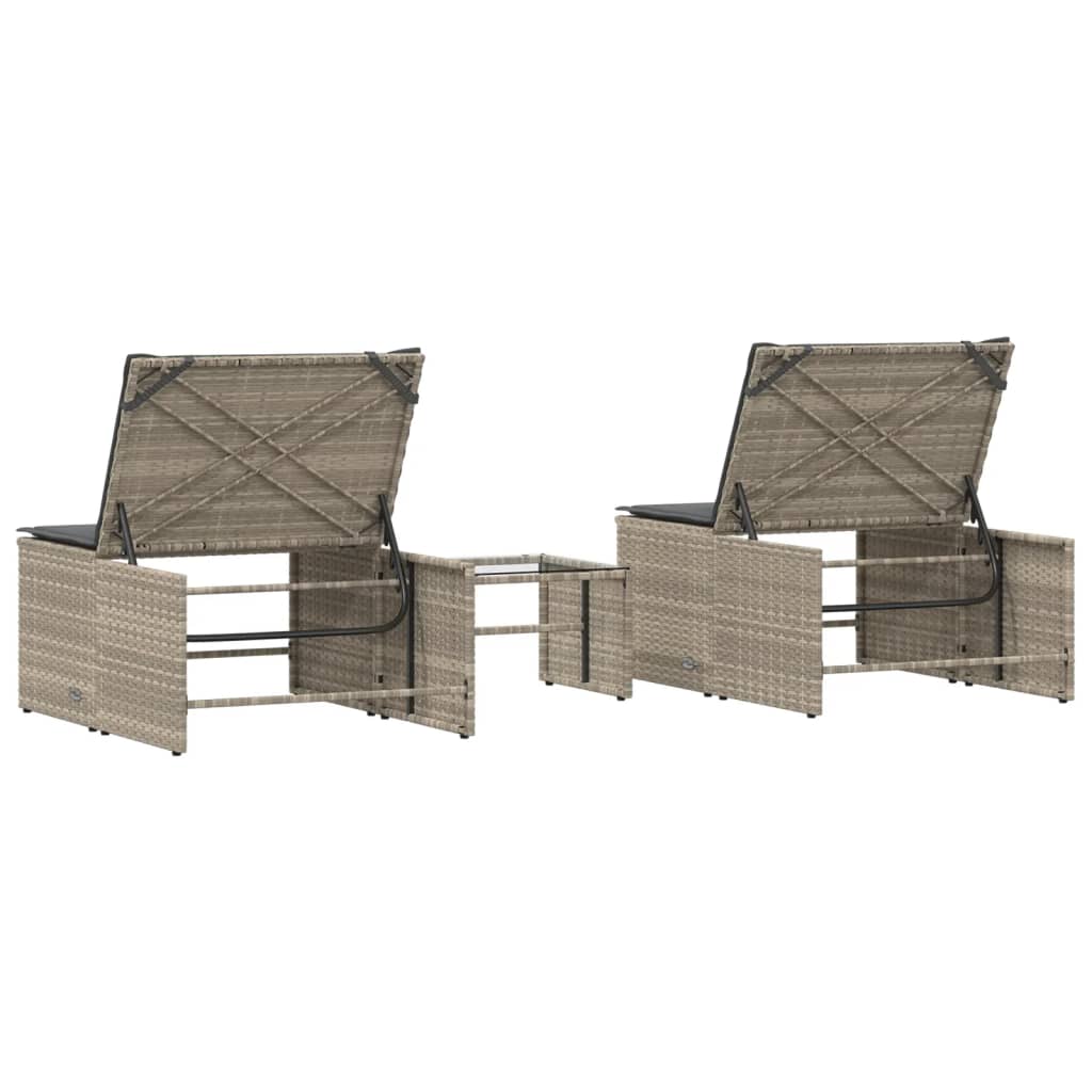 Espreguiçadeiras modulares com mesa 2 pcs vime PE cinzento-claro
