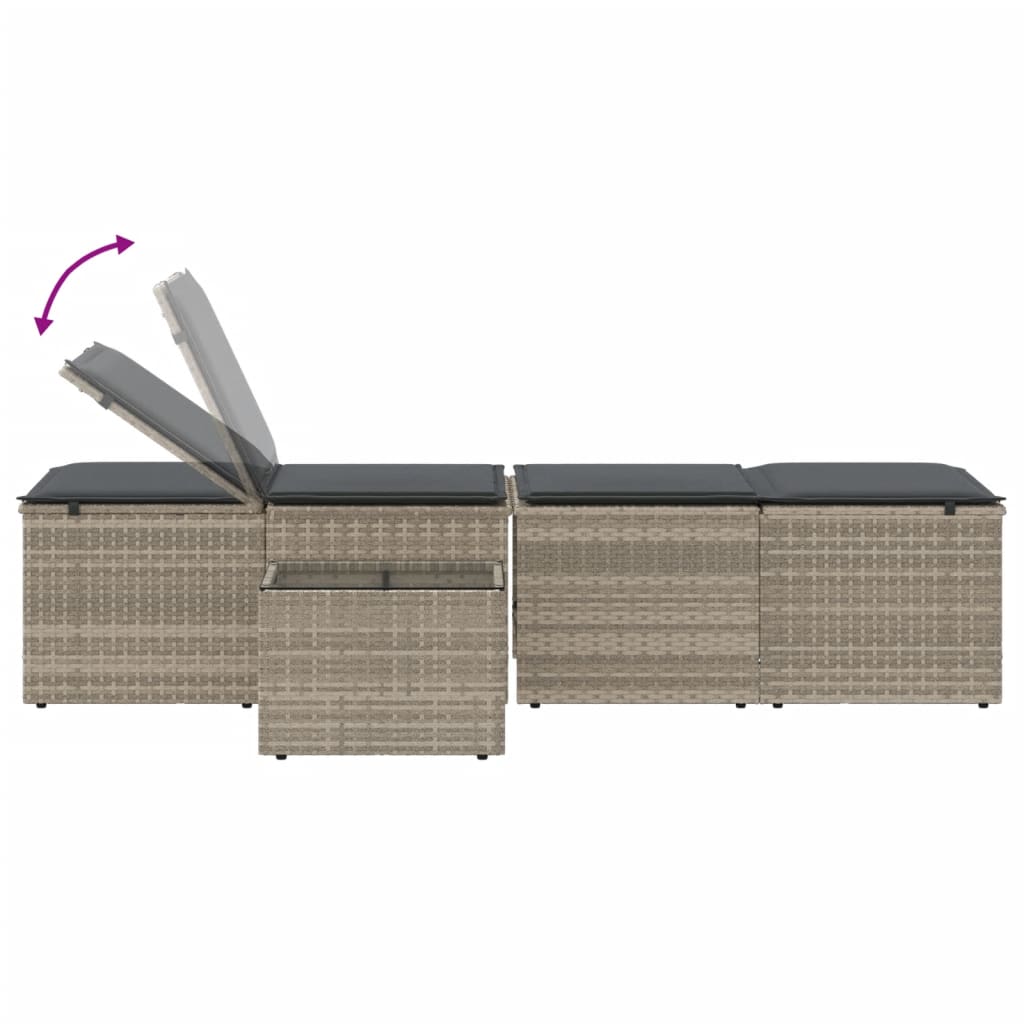 Espreguiçadeiras modulares com mesa 2 pcs vime PE cinzento-claro