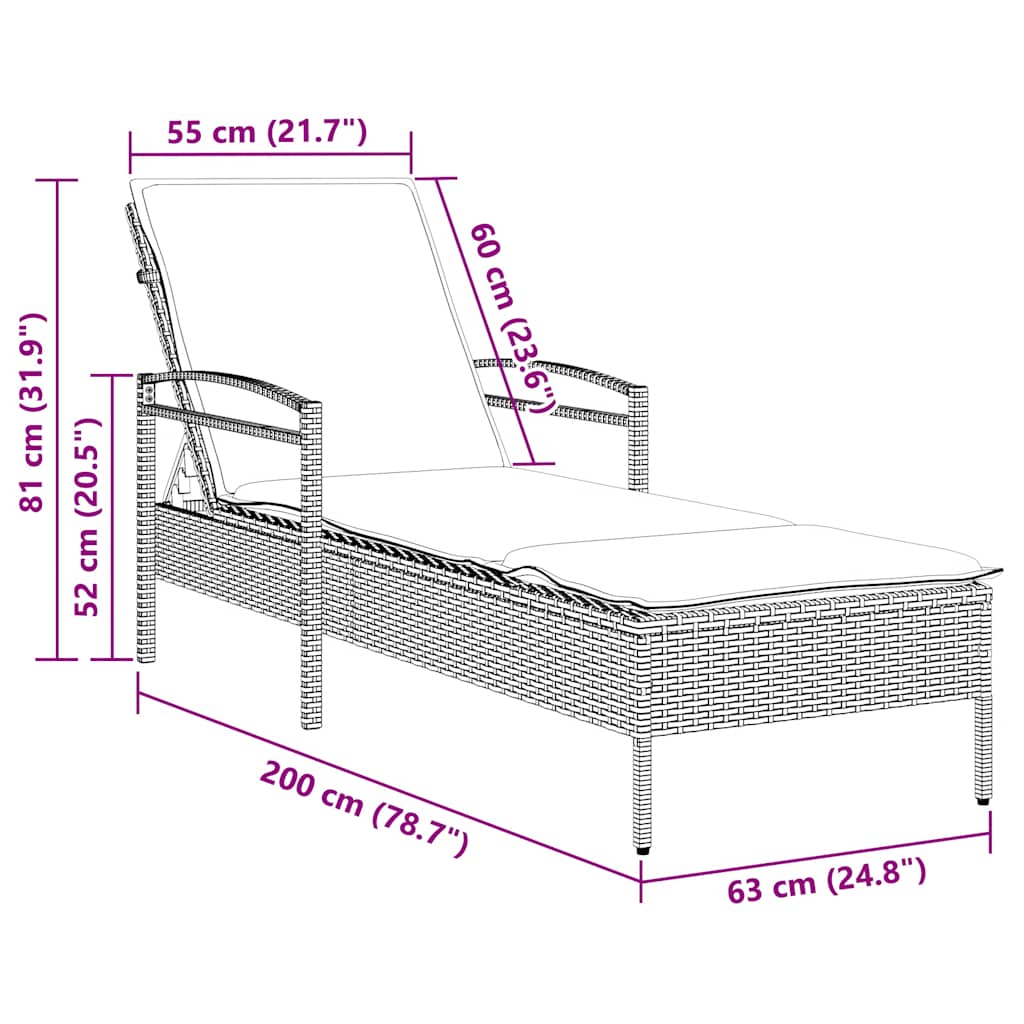 Espreguiçadeira com almofada cinza 63x200x81 cm vime sintético (apenas EUA)
