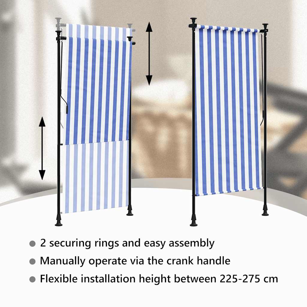 Estore de rolo para exterior 100x270cm tecido/aço azul e branco