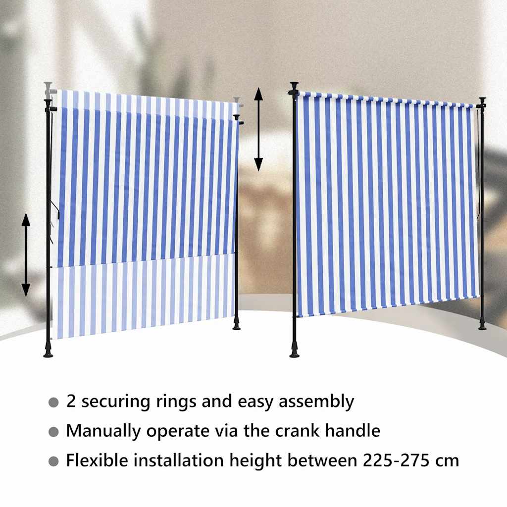 Estore de rolo para exterior 150x270cm tecido/aço azul e branco