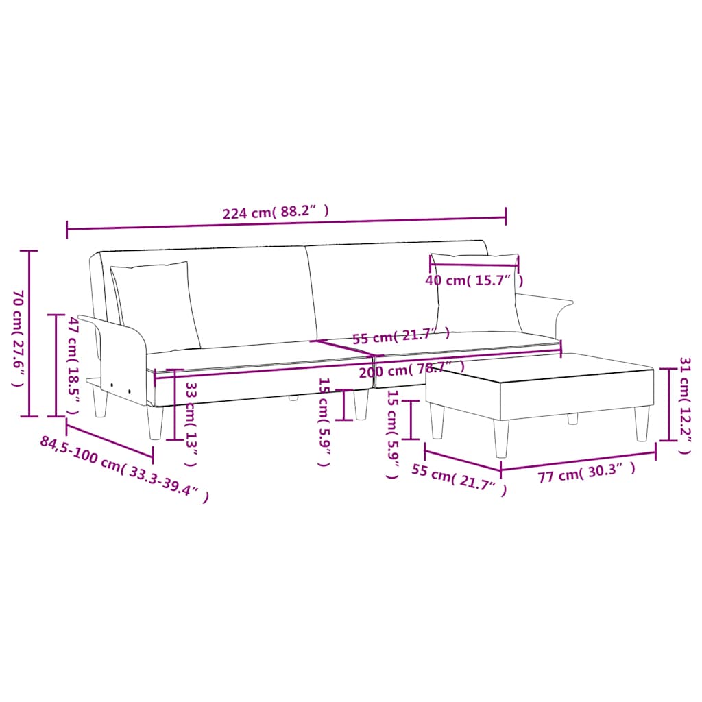 Sofá-cama 2 lugares c/ almofadas e apoio pés veludo cinza-claro