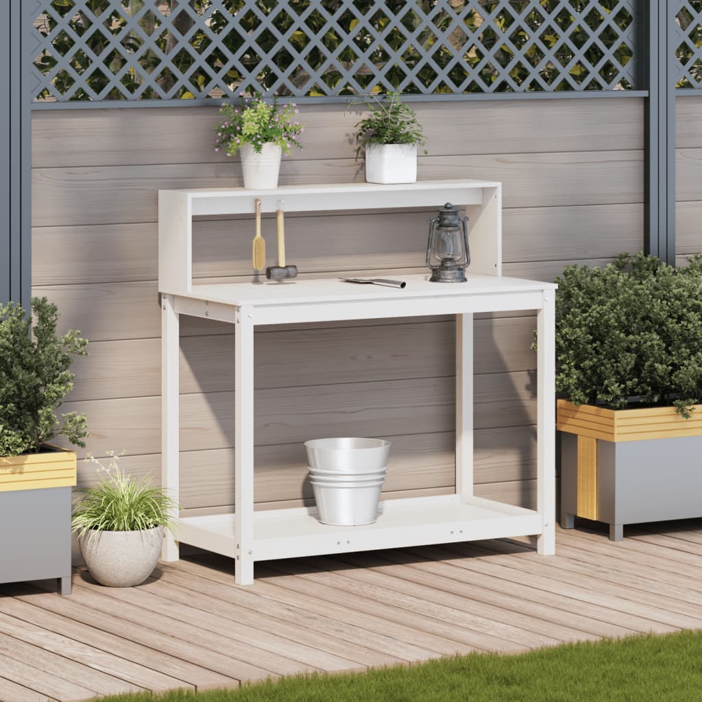 Mesa de jardinagem com prateleiras madeira pinho maciça branco