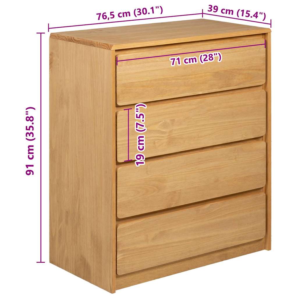 Cómoda SAUDA 76,5x39x91 cm madeira de pinho maciça cor carvalho