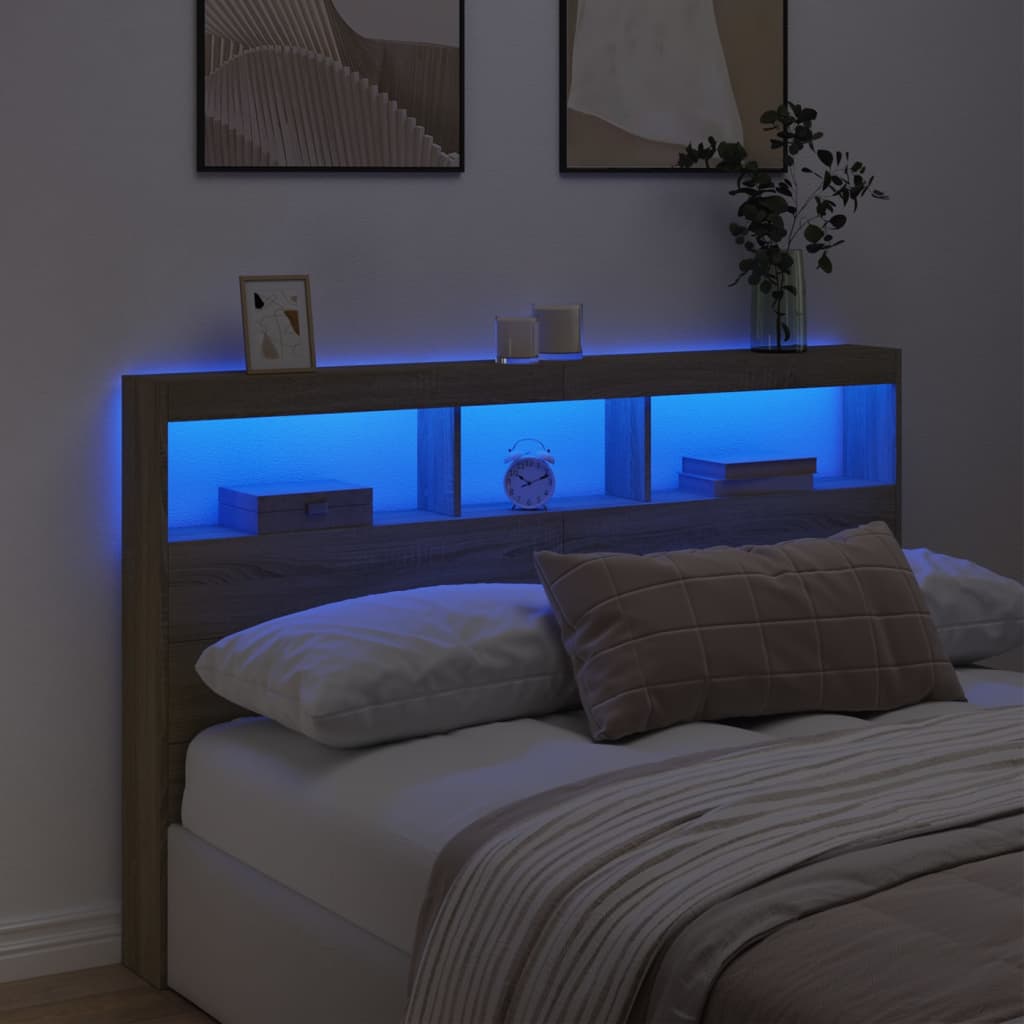 Armário de cabeceira c/ luzes LED 160x17x102 cm carvalho sonoma