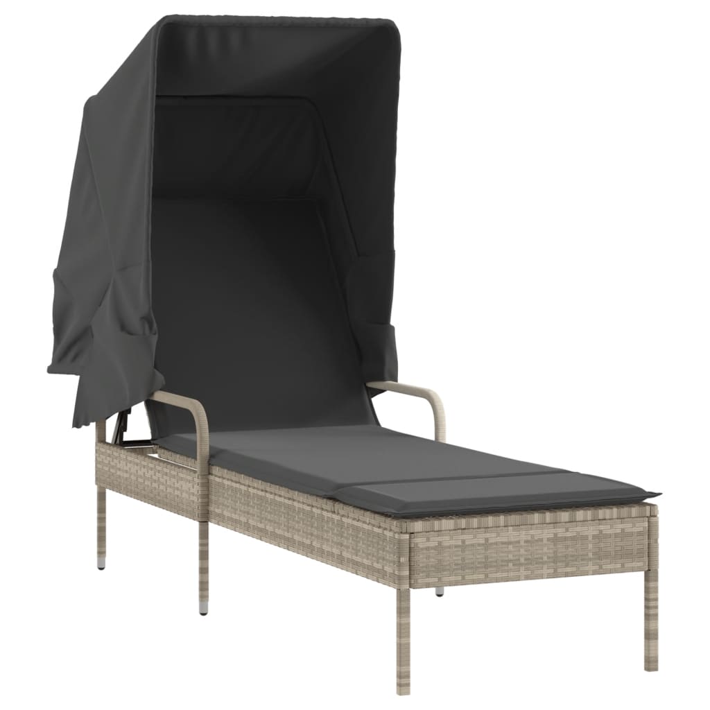 Espreguiçadeira com toldo e mesa vime PE cinzento-claro