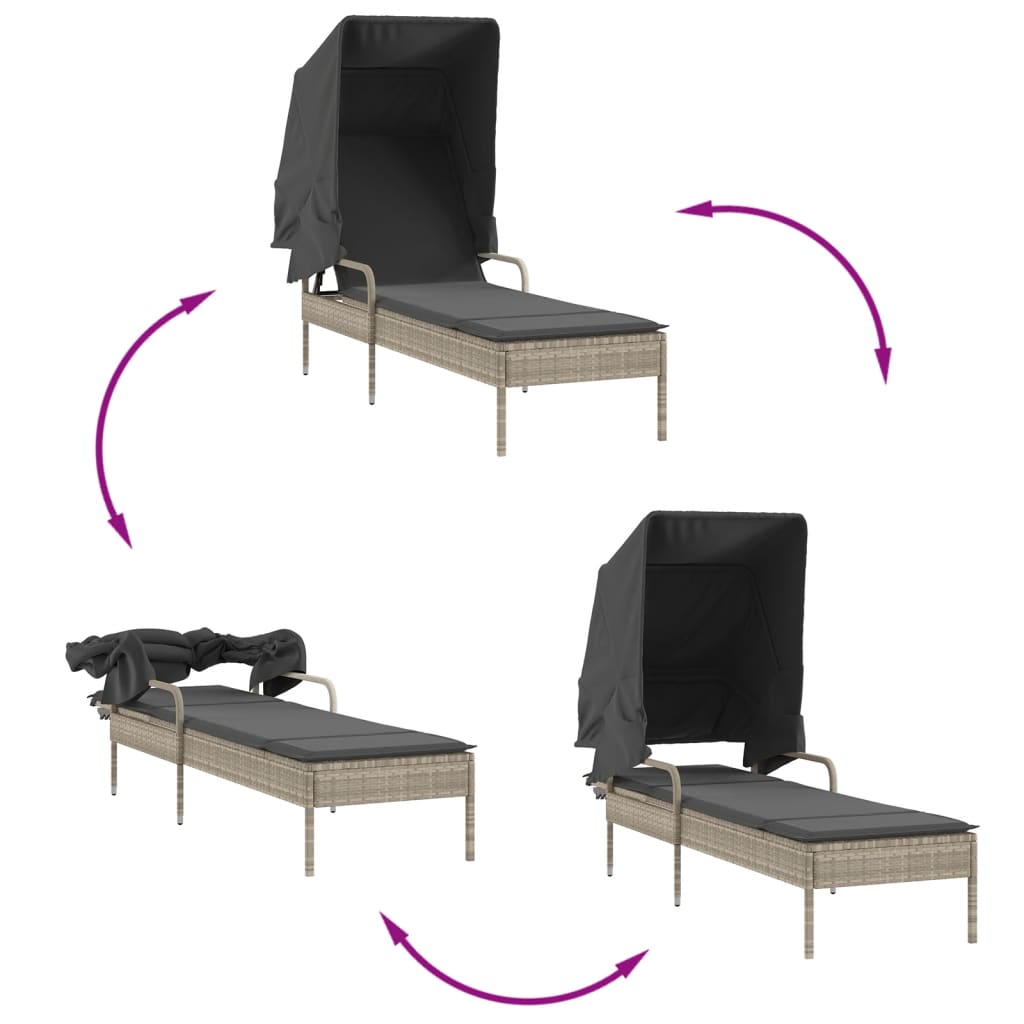 Espreguiçadeira com toldo e mesa vime PE cinzento-claro
