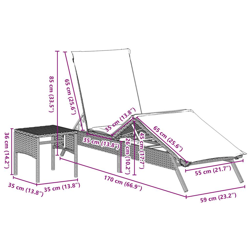 Espreguiçadeiras com mesa 2 pcs vime PE preto
