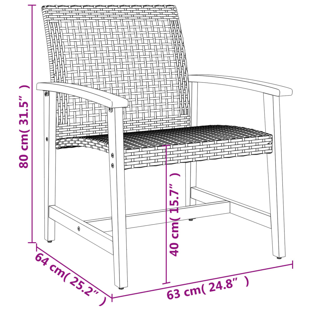 3 pcs conjunto de bistrô vime PE e madeira de acácia cinzento