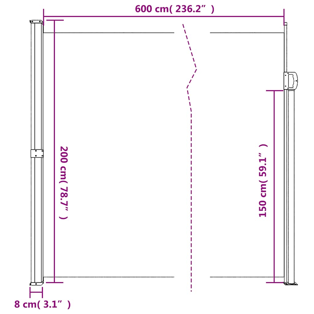 Toldo lateral retrátil 200x600 cm branco