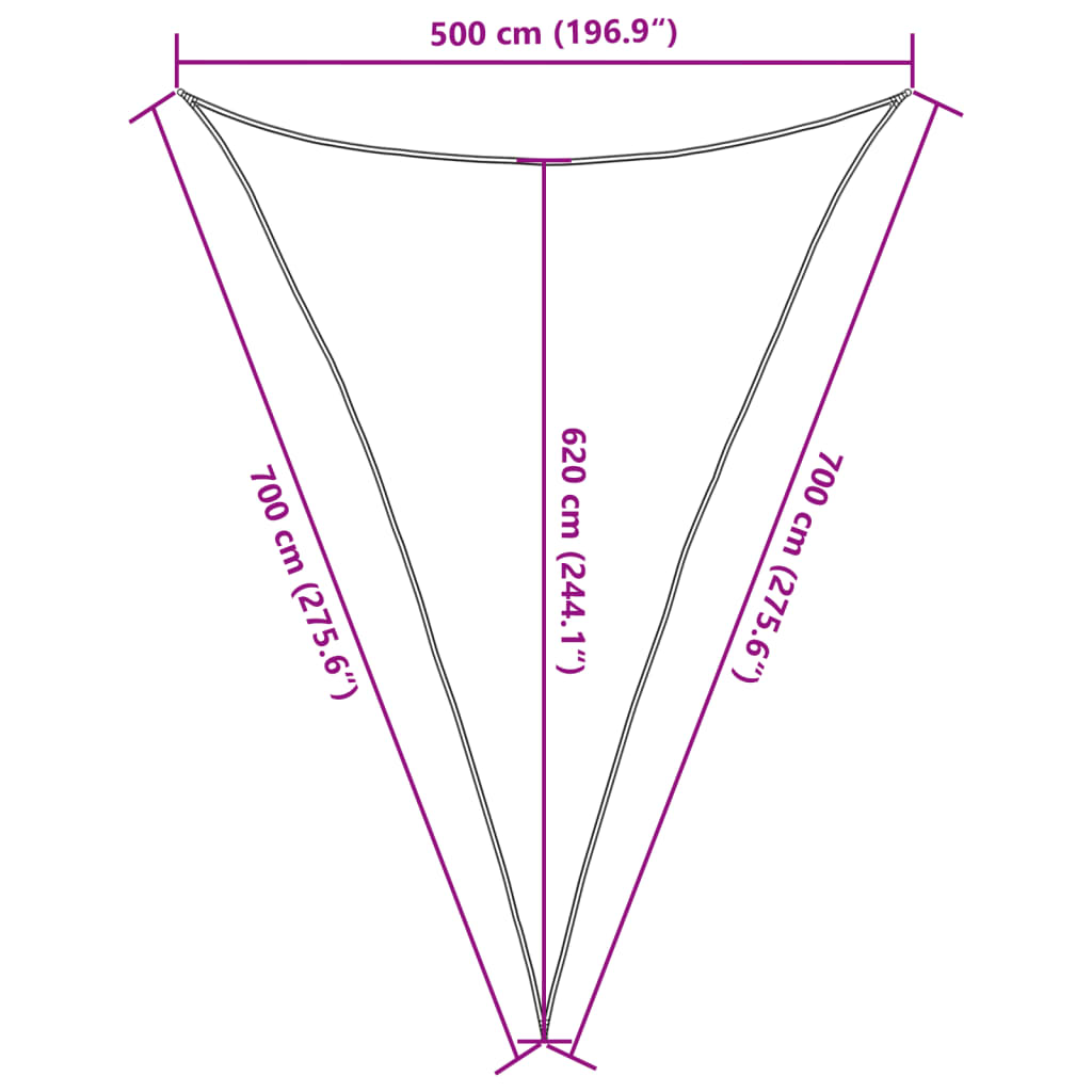 Para-sol estilo vela triangular 160g/m² 5x7x7m PEAD cinza-claro