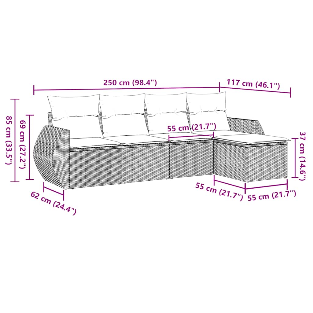5 pcs conj. sofás jardim c/ almofadões vime PE cinzento-claro