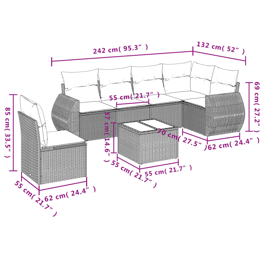 7 pcs conjunto de sofás p/ jardim c/ almofadões vime PE preto