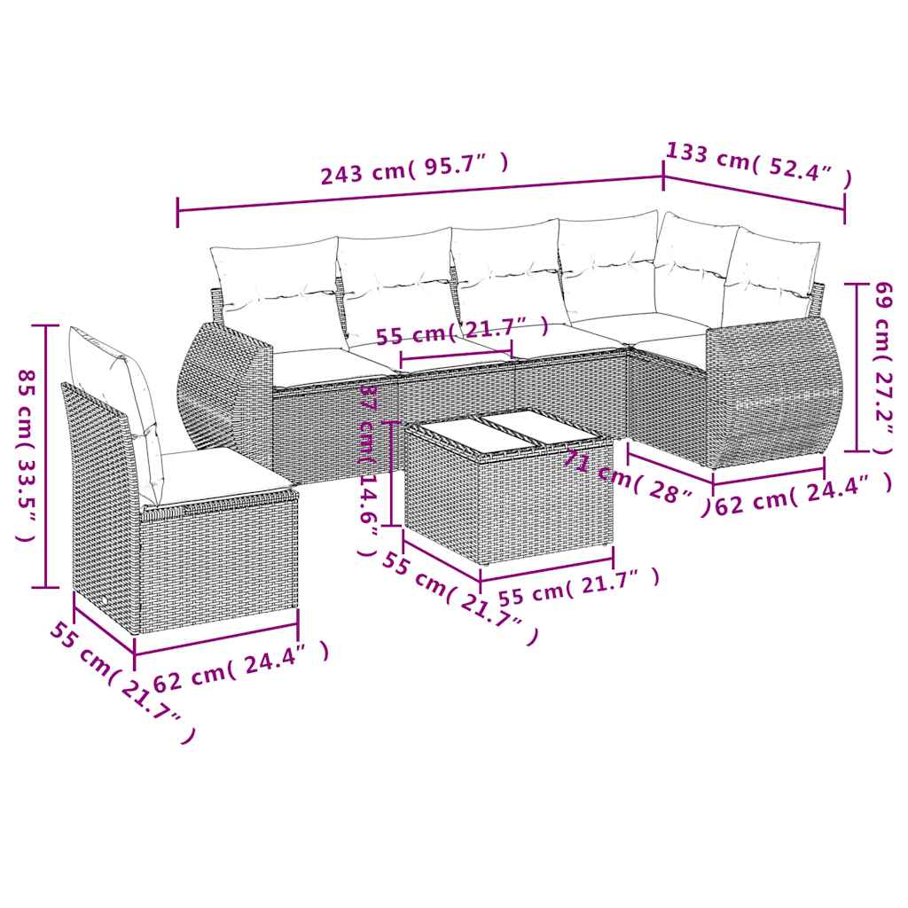 7 pcs conj. sofás jardim com almofadões vime PE cinzento-claro
