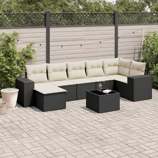 8 pcs conjunto sofás de jardim com almofadões vime PE preto