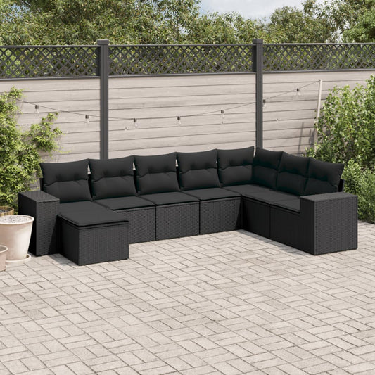 8 pcs conjunto sofás de jardim com almofadões vime PE preto