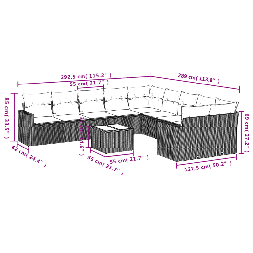 11 pcs conjunto sofás de jardim c/ almofadões vime PE castanho