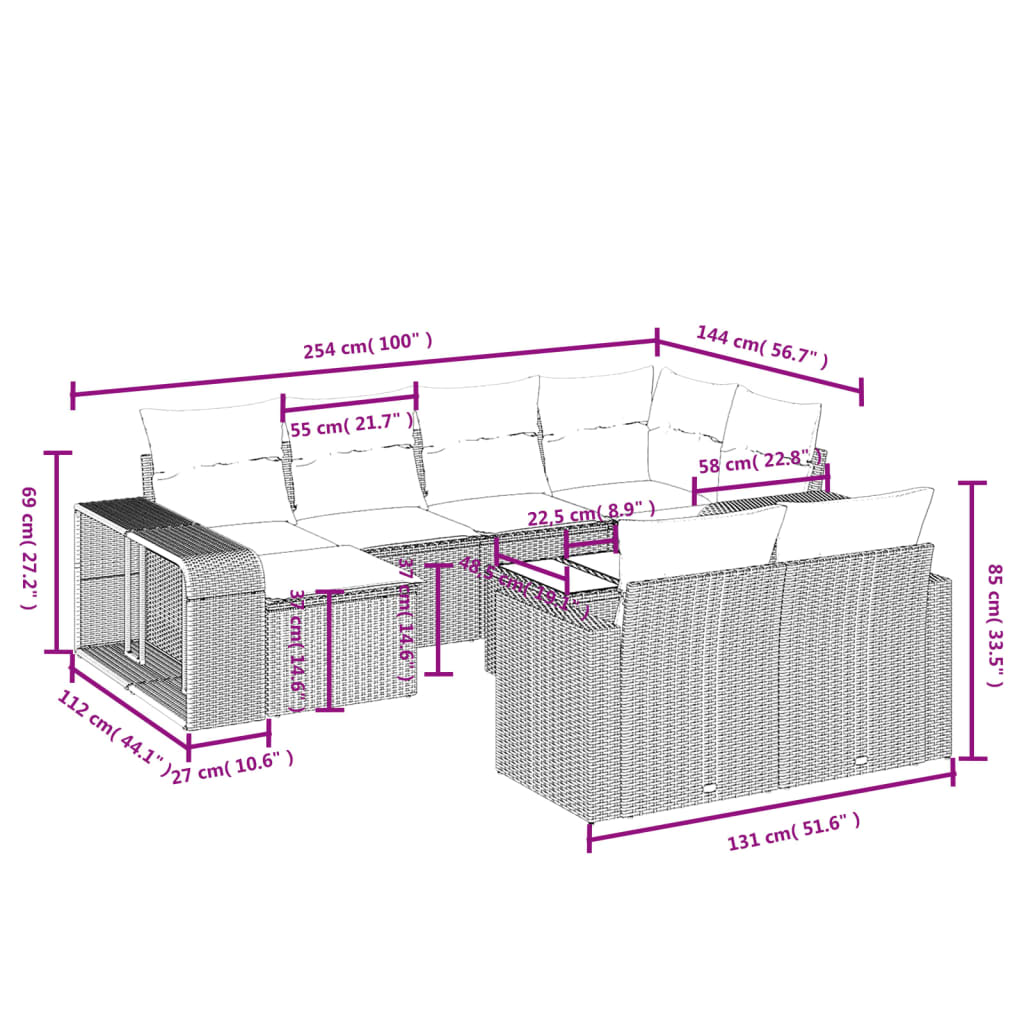 11 pcs conjunto sofás de jardim c/ almofadões vime PE cinzento