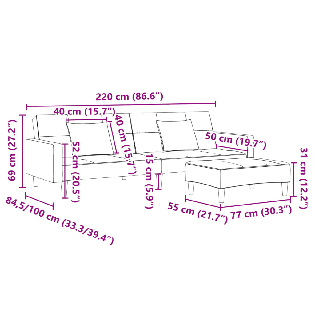 Sofá-cama 2 lugares c/ apoio de pés veludo cinza-claro