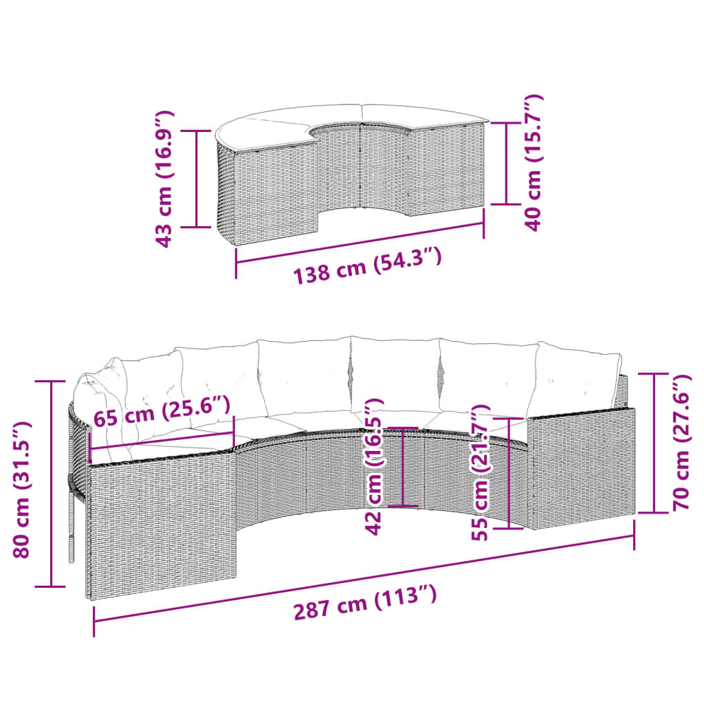 2 pcs conjunto de sofás de jardim semicircular vime PE preto