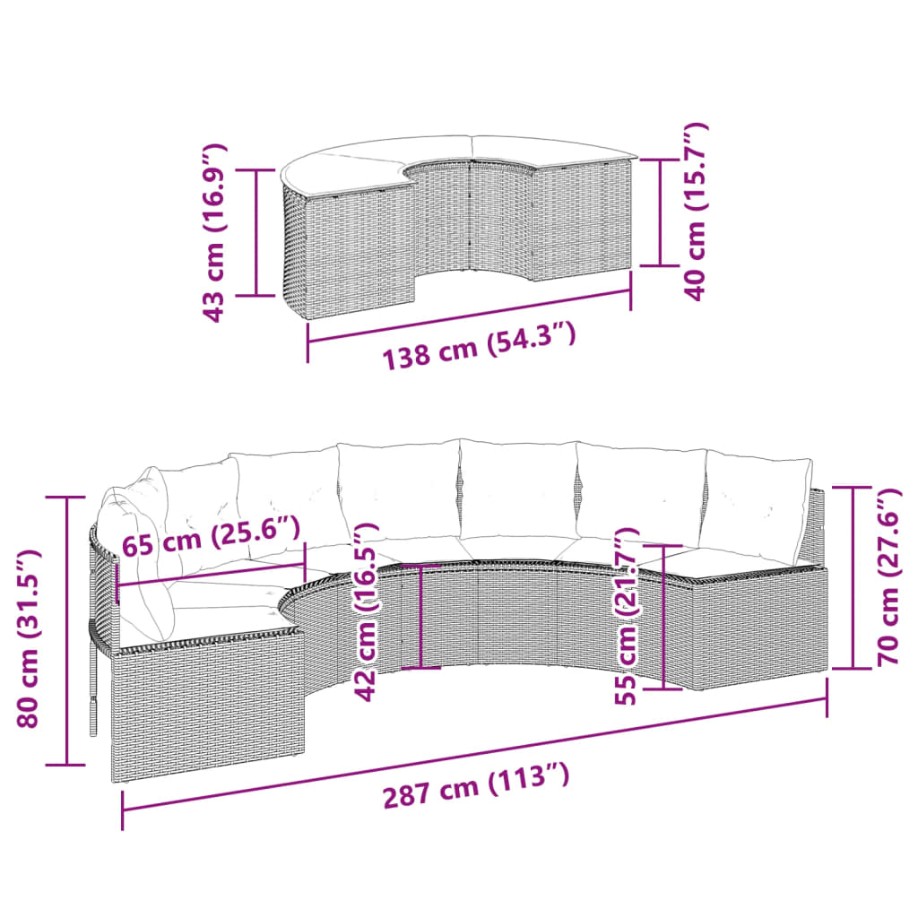 2 pcs conjunto de sofás de jardim semicircular vime PE preto