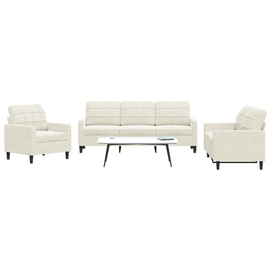 3 pcs conjunto de sofás com almofadões veludo cor creme