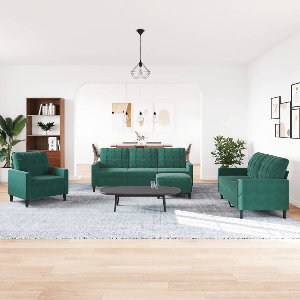 4 pcs conjunto de sofás com almofadões veludo verde-escuro