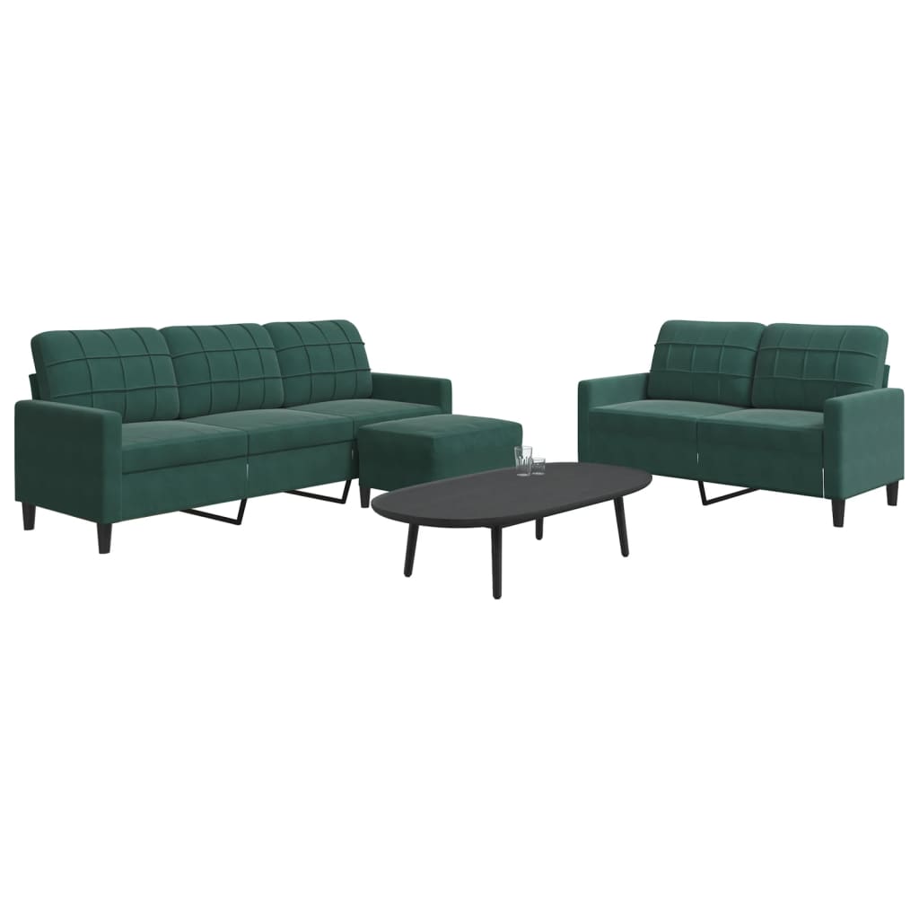 3 pcs conjunto de sofás com almofadões veludo verde-escuro