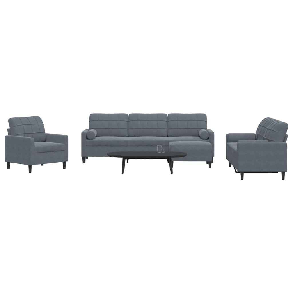4 pcs conjunto sofás com almofadões e rolos veludo cinza-escuro