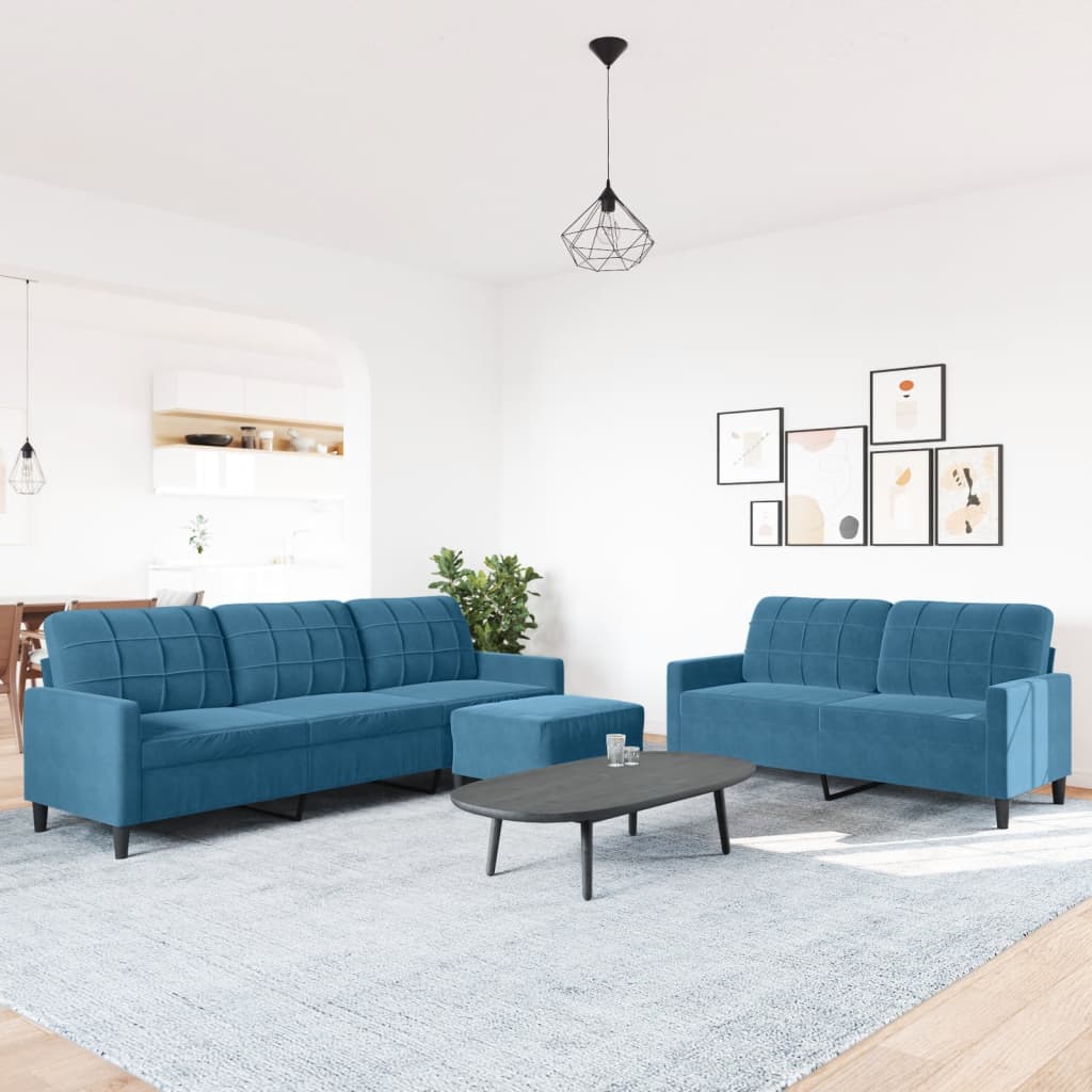 3 pcs conjunto de sofás com almofadões veludo azul