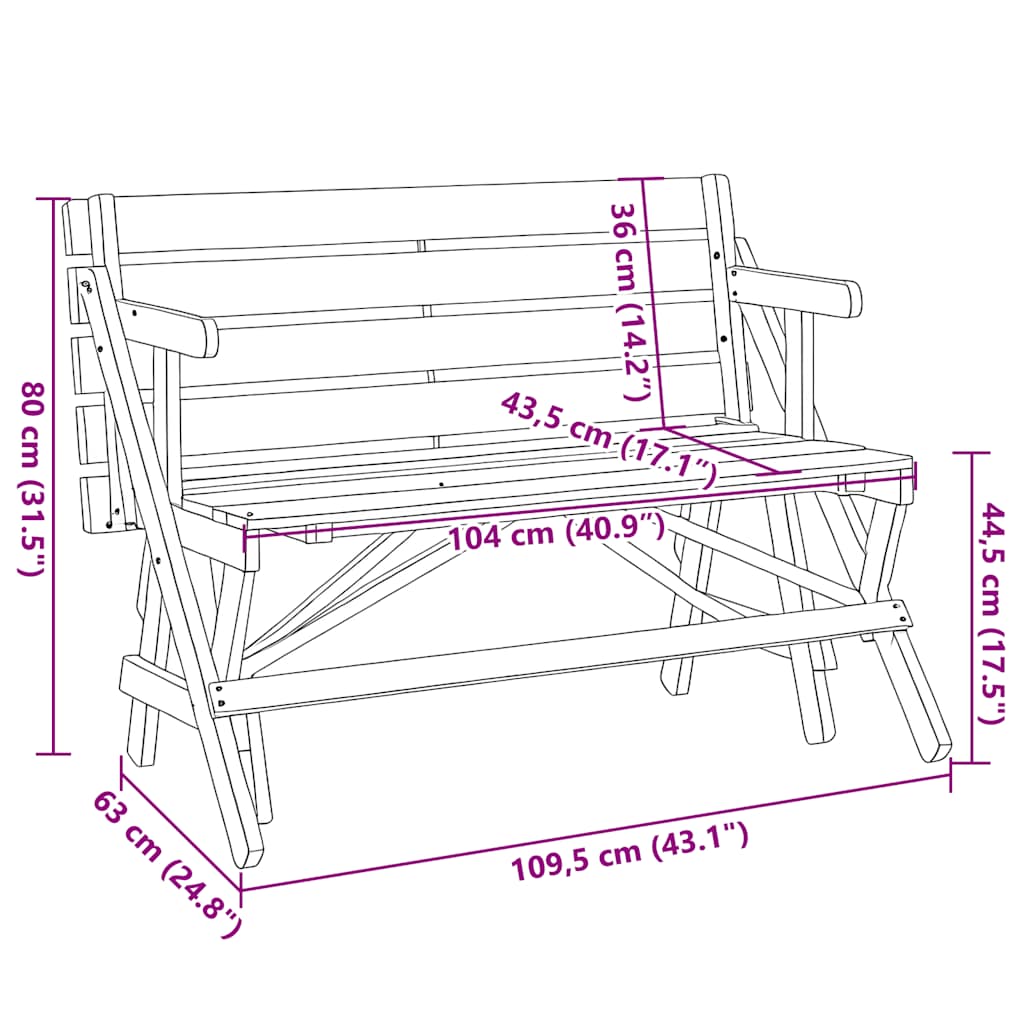 Mesa de piquenique c/ bancos 2-em-1 conversível abeto maciço