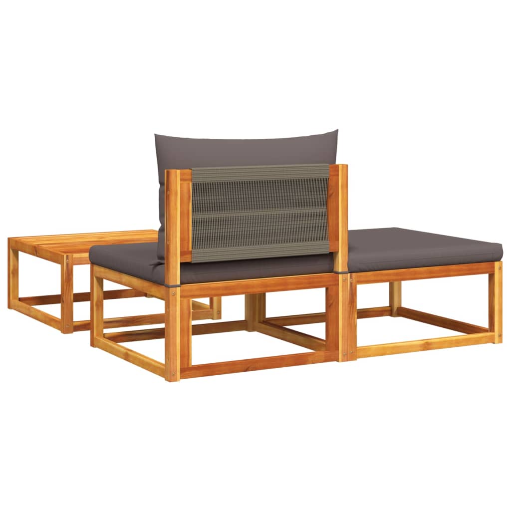 Conjunto de sofás de jardim vidaXL de 3 peças com almofadas de madeira de acácia e corda