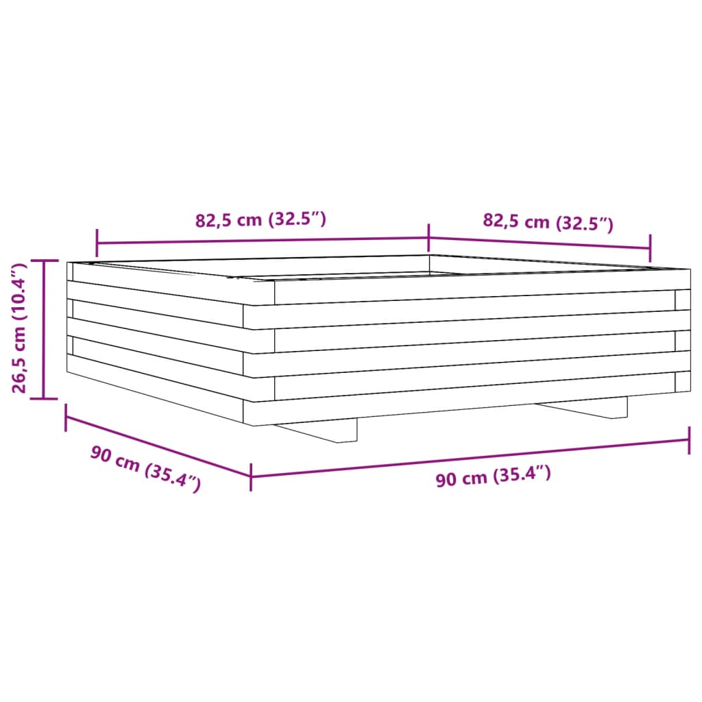 Vaso/floreira de jardim 90x90x26,5 cm madeira de pinho maciça
