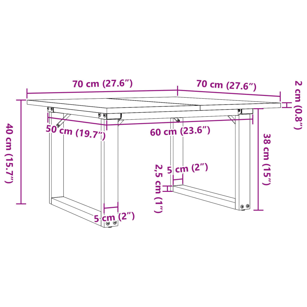 Mesa de centro estrutura em O 70x70x40 cm pinho e aço