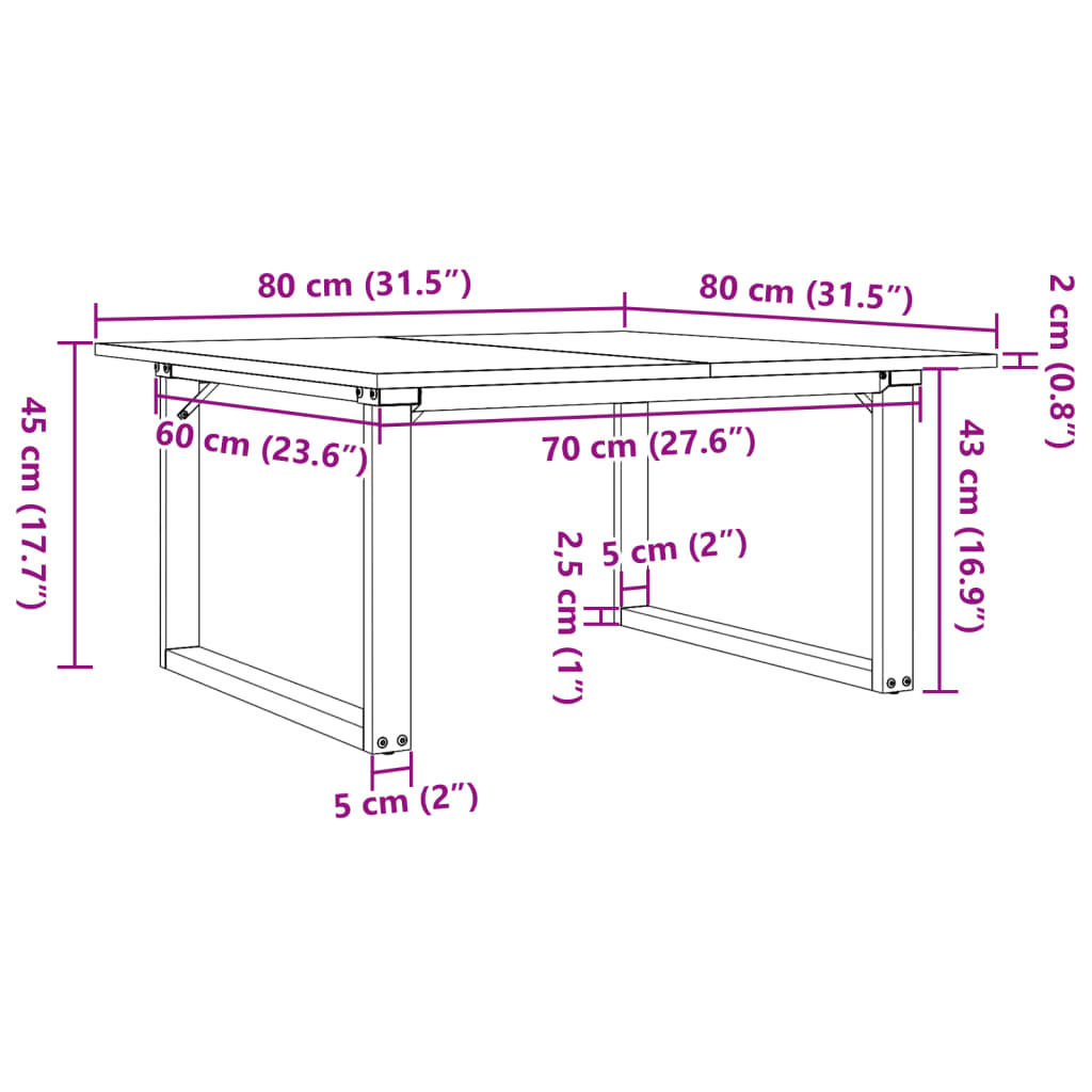 Mesa de centro estrutura em O 80x80x45 cm pinho e aço