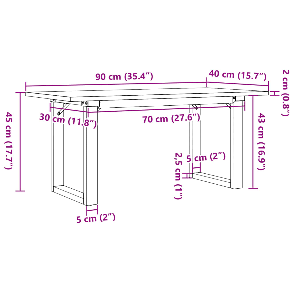 Mesa de centro estrutura em O 90x40x45 cm pinho e aço