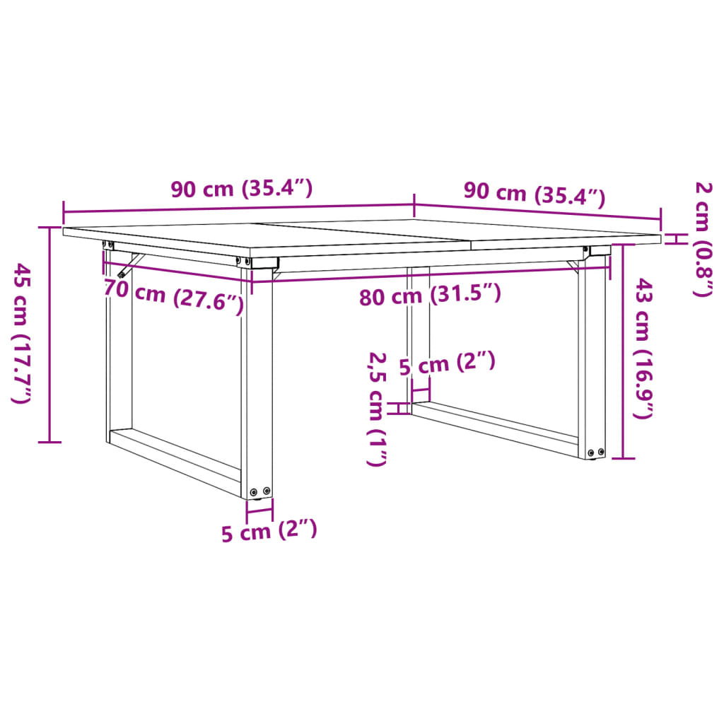Mesa de centro estrutura em O 90x90x45 cm pinho e aço