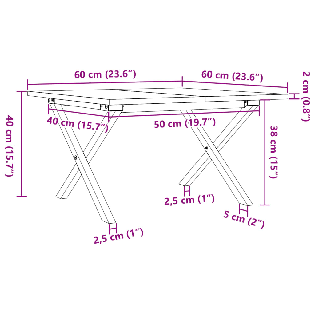 Mesa de centro estrutura em X 60x60x40 cm pinho e aço